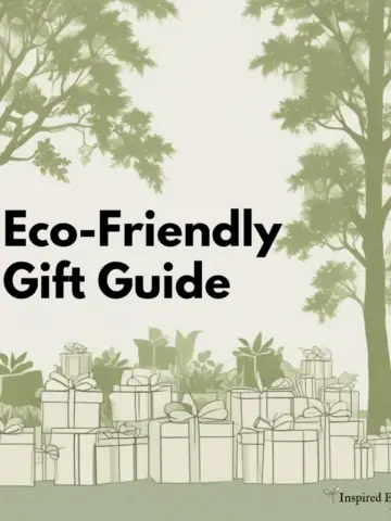 Forest illustration with gifts below a tree canopy and "eco friendly gift guide" title overlay
